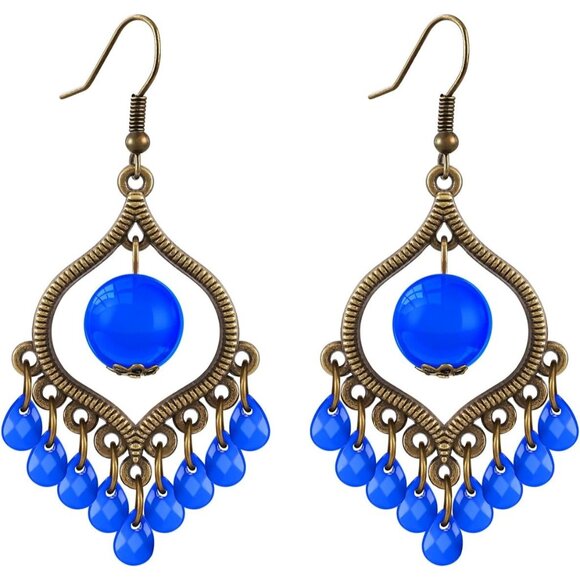 Blue Beads Tassels Retro Teardrop Vintage Long Summer Earring for Women Jewelry - Picture 1 of 9